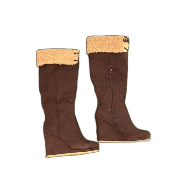 JustFab Cameron Sherpa Wedge Boots Size 7.5 Coffee Tan - Picture 1 of 5